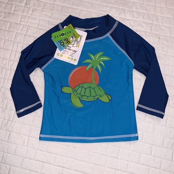 NWT Flap Happy UPF 50+ Rashguard, Navy & Aqua Turtle, Boys 6M - Picture 1 of 8